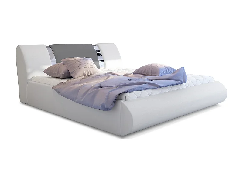 Lit coffre 180x200 simili blanc-gris et métal chromé Flavien