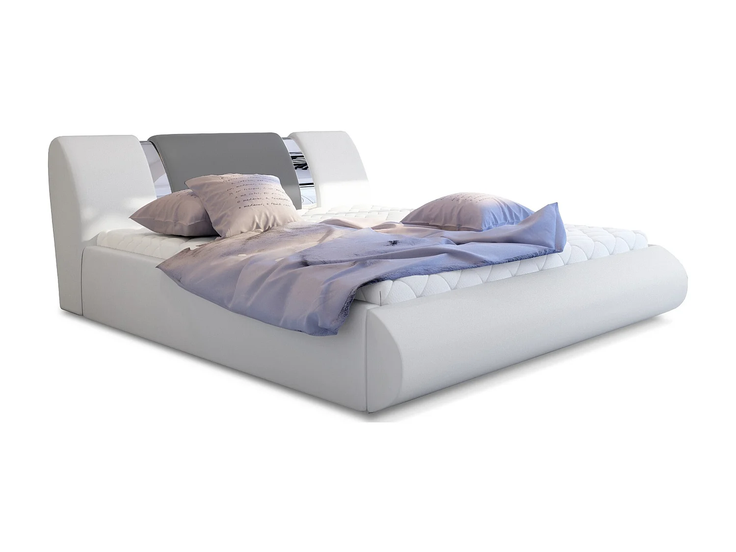 Lit coffre 180x200 simili blanc-gris et métal chromé Flavien