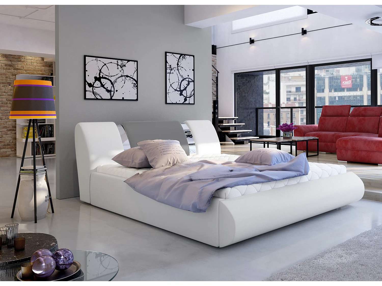 Lit coffre 180x200 simili blanc-gris et métal chromé Flavien