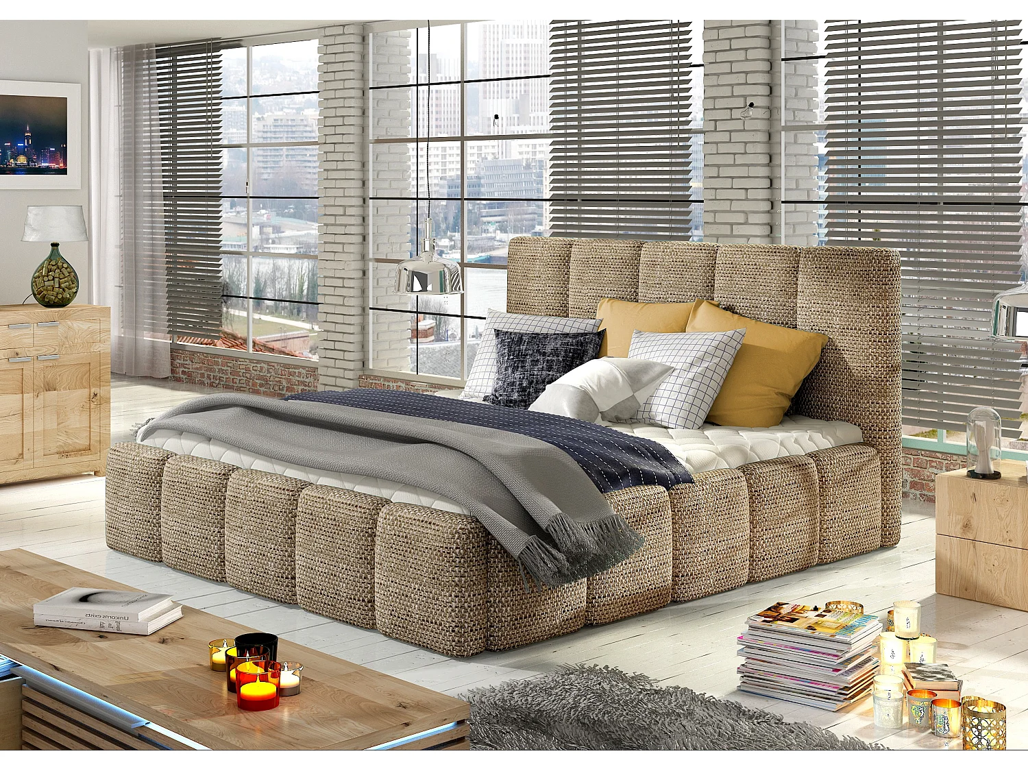 Modern gestoffeerd bed in Vika-stof-Kleur Heidebeige-Slapen 160x200cm-Versie zonder boxspring