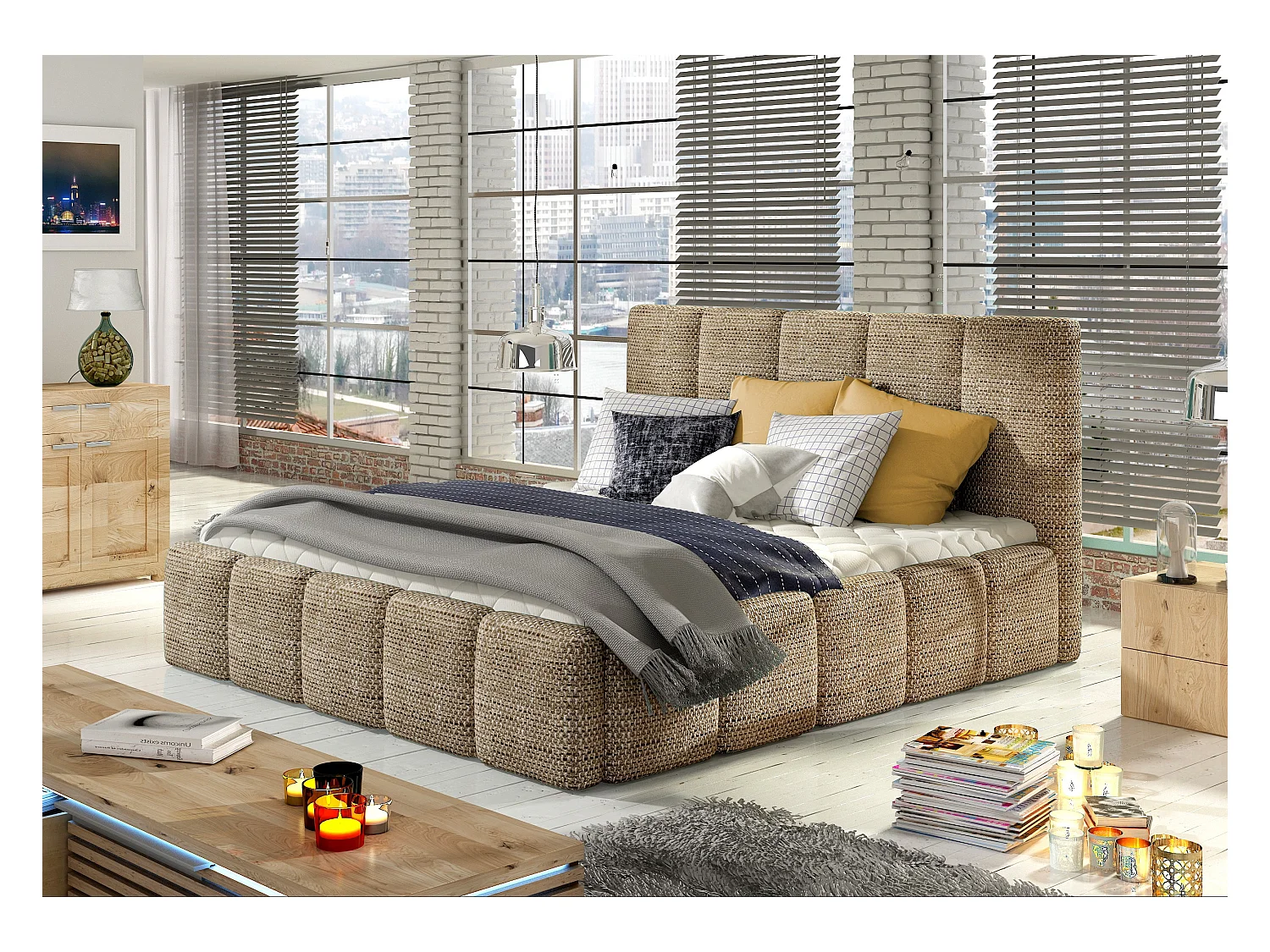 Lit moderne capitonné tissu Vika-Couleur Beige chiné-160x200