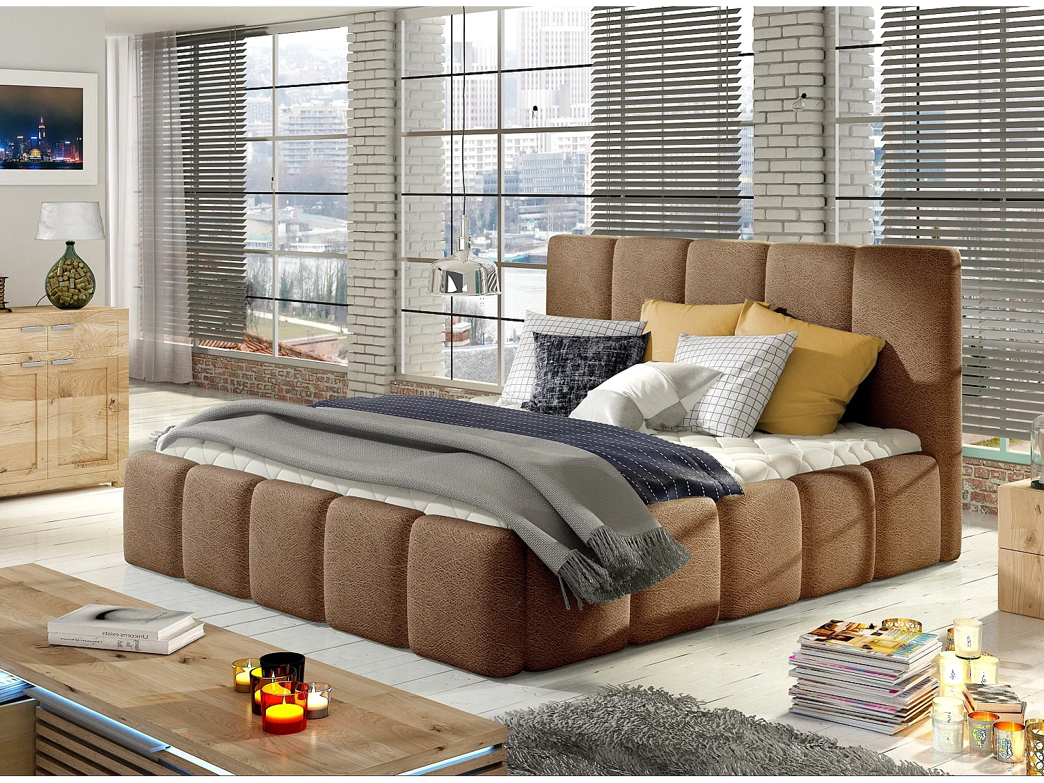Cama Vika moderna tapizada en terciopelo.-Marrón claro-160x200 cm-Versión Con base