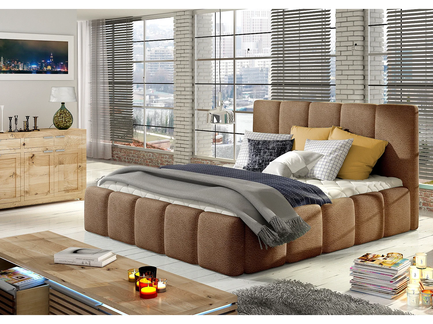 Cama Vika moderna tapizada en terciopelo.-Marrón claro-160x200 cm-Versión Con base