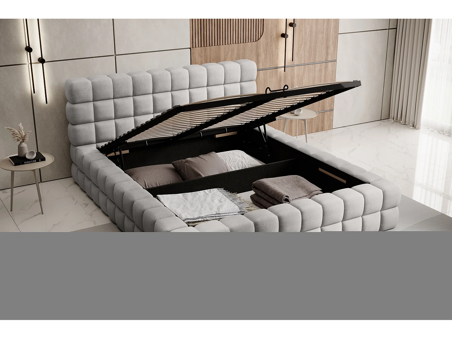 Bed met Kaizer prestige opbergbox – Gewatteerde stoffen bekleding-Kleur Lichtgrijs-Slapen 140x200cm