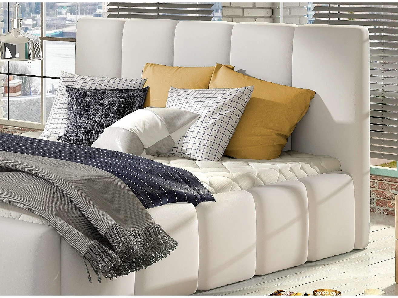 Lit moderne capitonné cuir synthétique Vika-Couleur Blanc-140x200-Version avec sommier