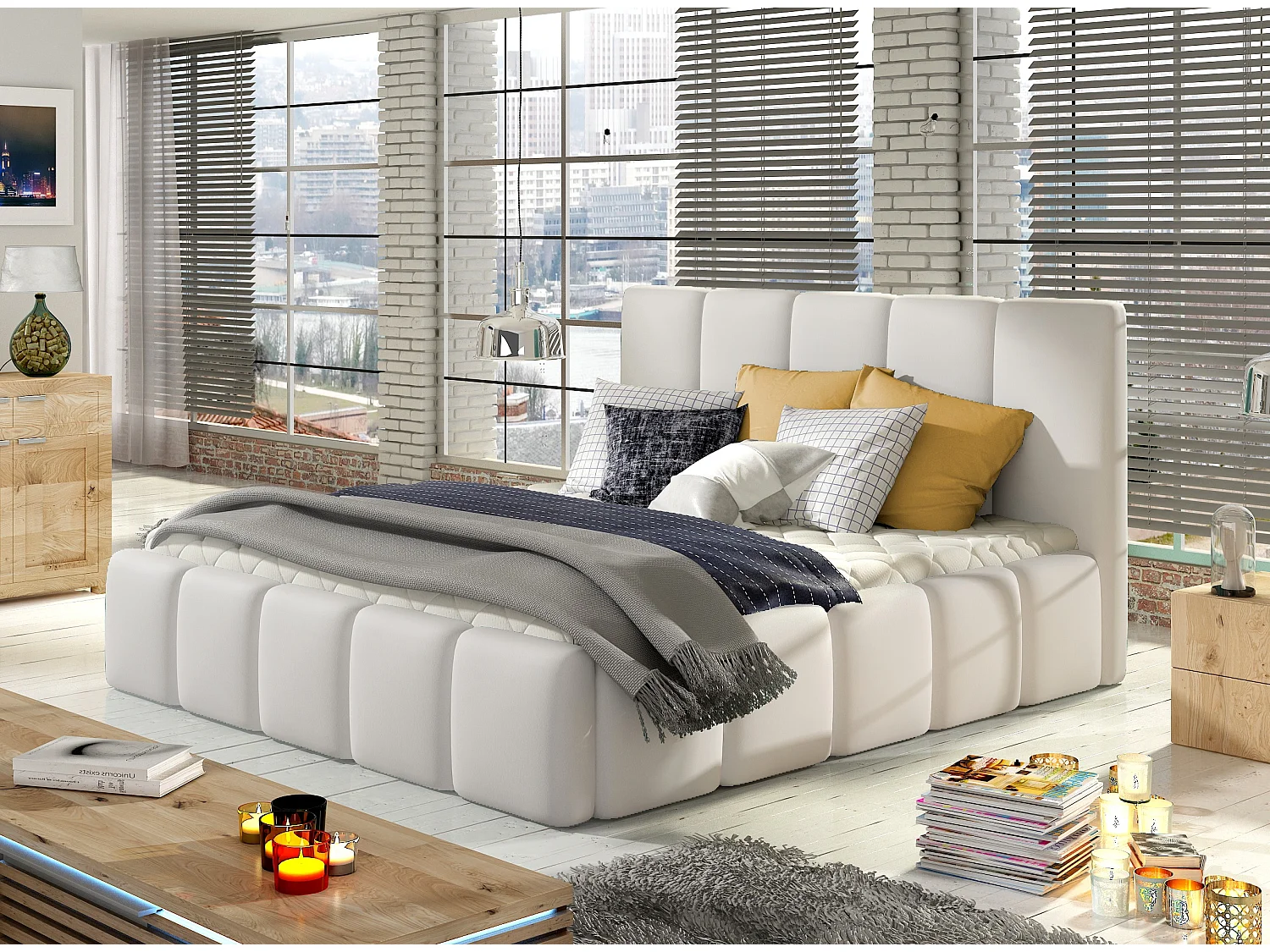 Lit moderne capitonné cuir synthétique Vika-Couleur Blanc-140x200-Version avec sommier