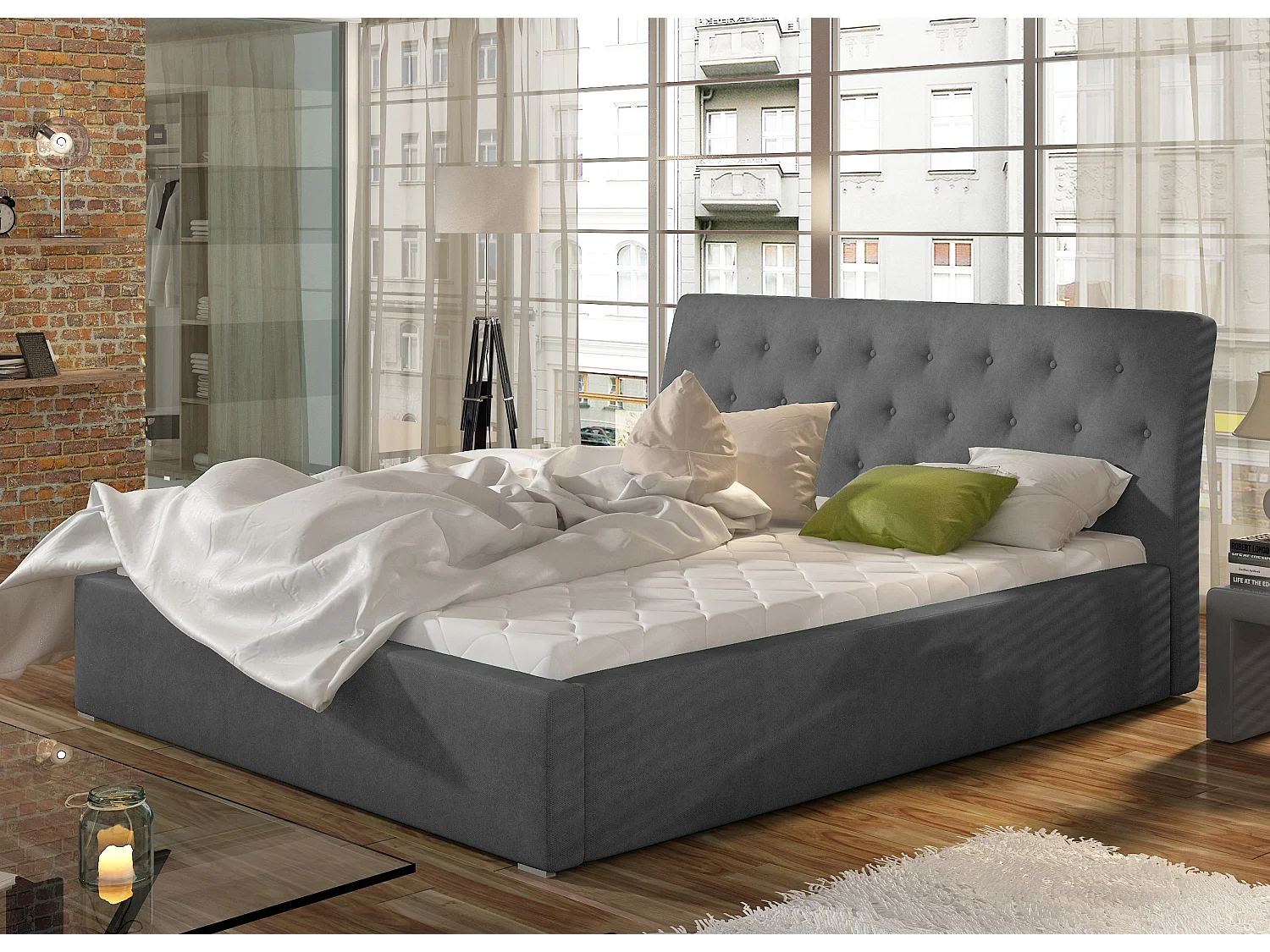 Venizia gewatteerd fluwelen bed-Kleur Grijs-Slapen 140x200cm-Versie met boxspring