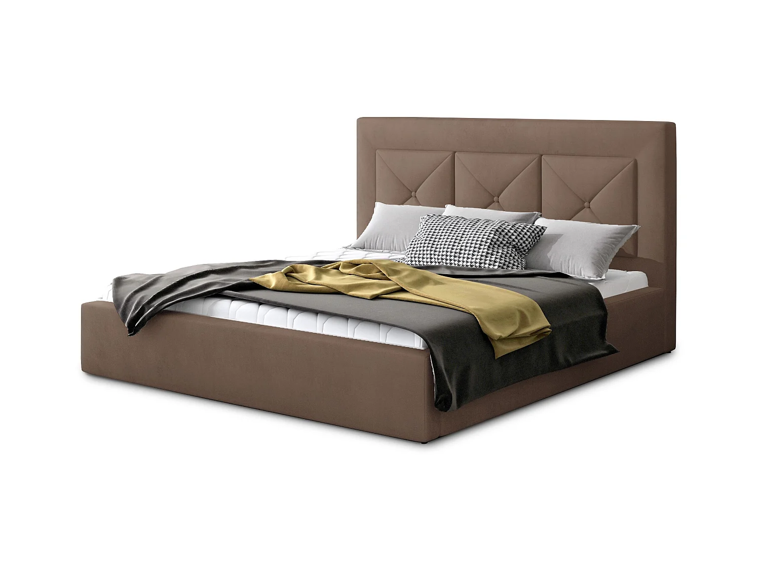 Lit double rembourré en velours Clarin-Couleur Marron clair-160x200-Version avec sommier