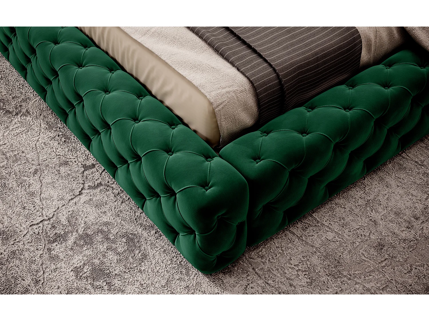 Lit design avec tête de lit et coffre capitonné velours vert Prince - 3 tailles-160x200
