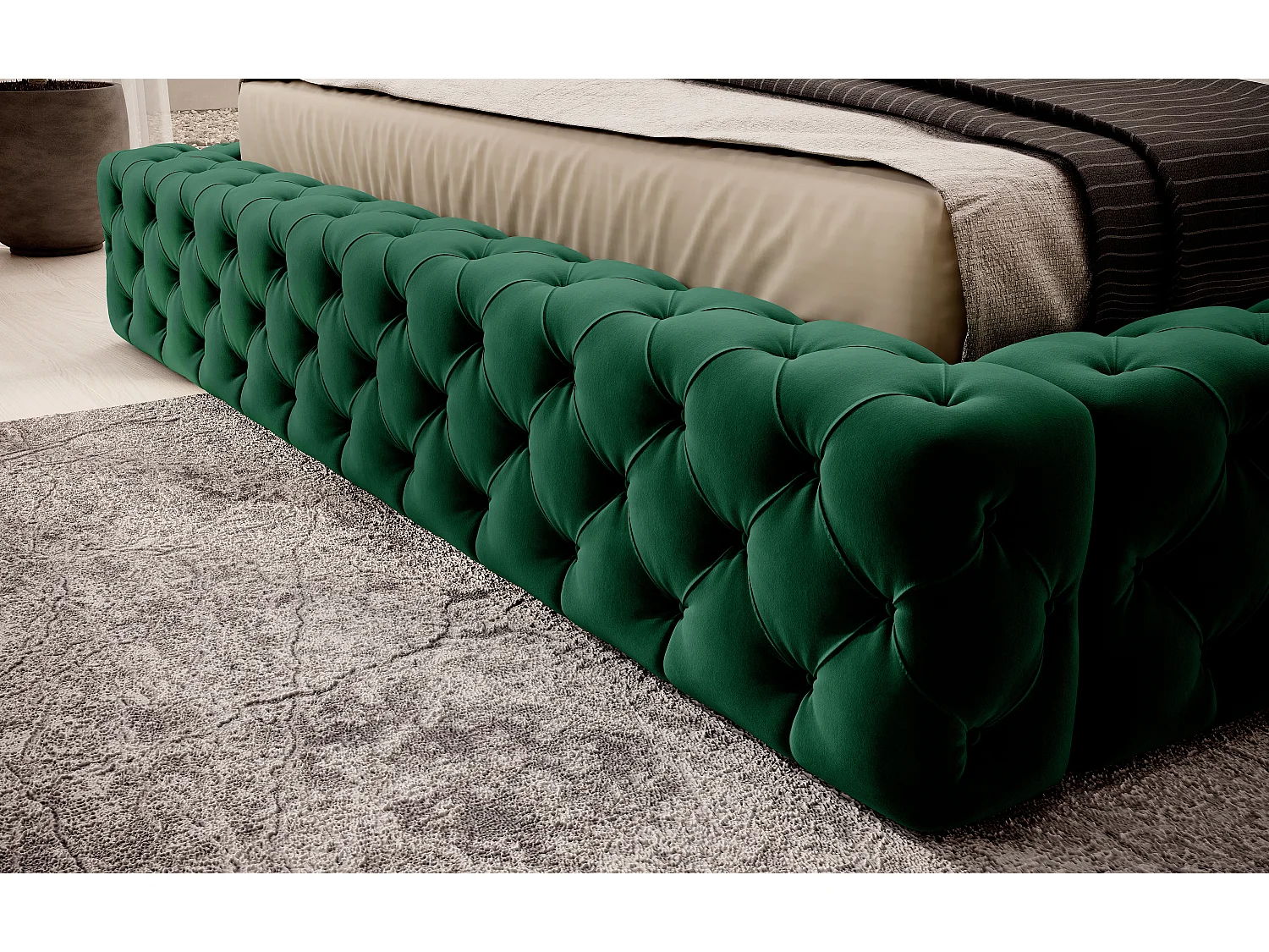 Lit design avec tête de lit et coffre capitonné velours vert Prince - 3 tailles-160x200