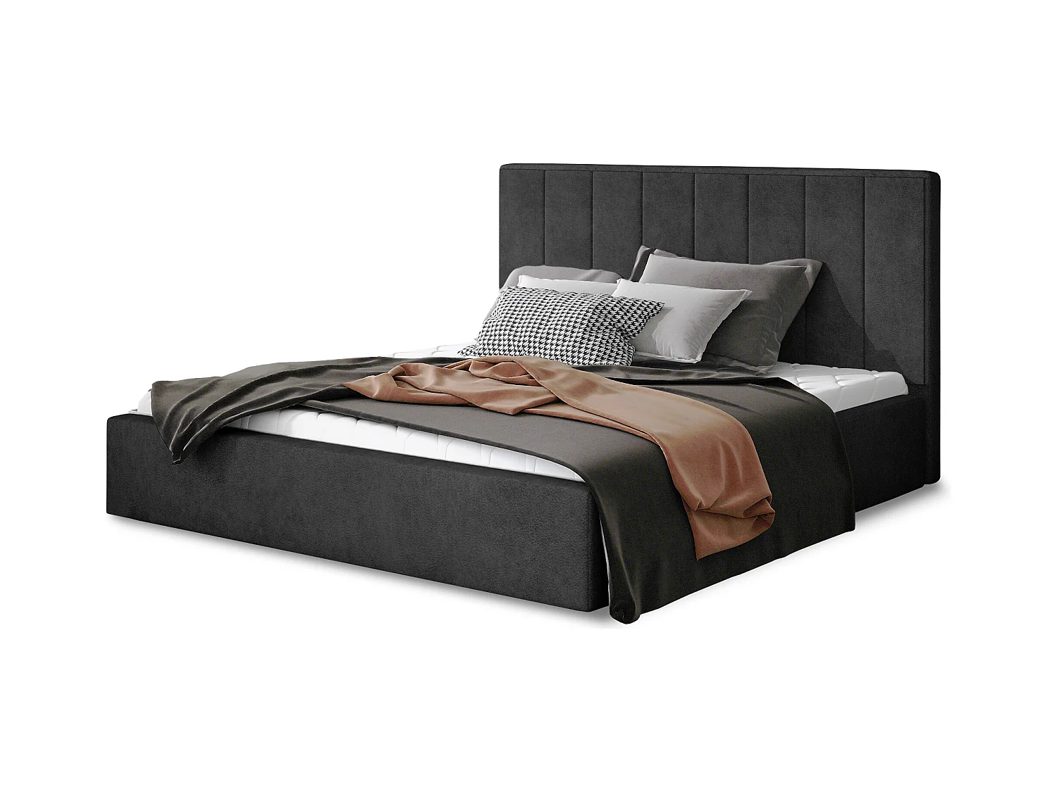 Lit adulte avec coffre de rangement Vareza – Tissu matelassé-Gris anthracite-180x200