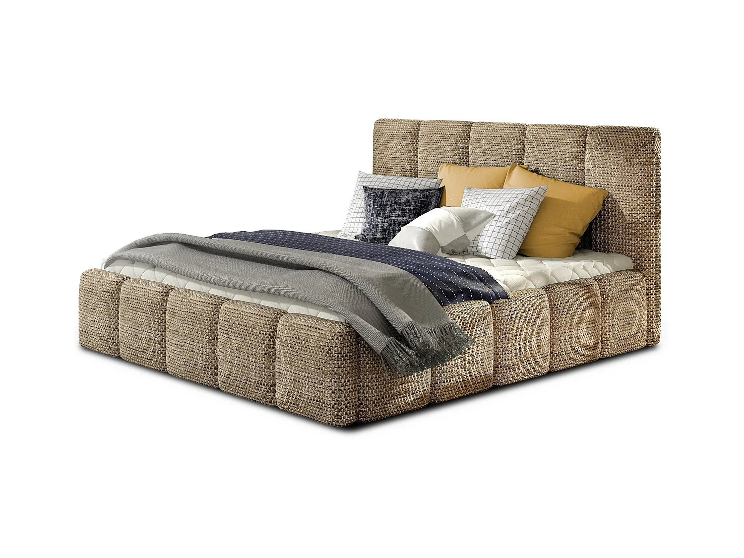 Lit moderne capitonné tissu Vika-Couleur Beige chiné-140x200