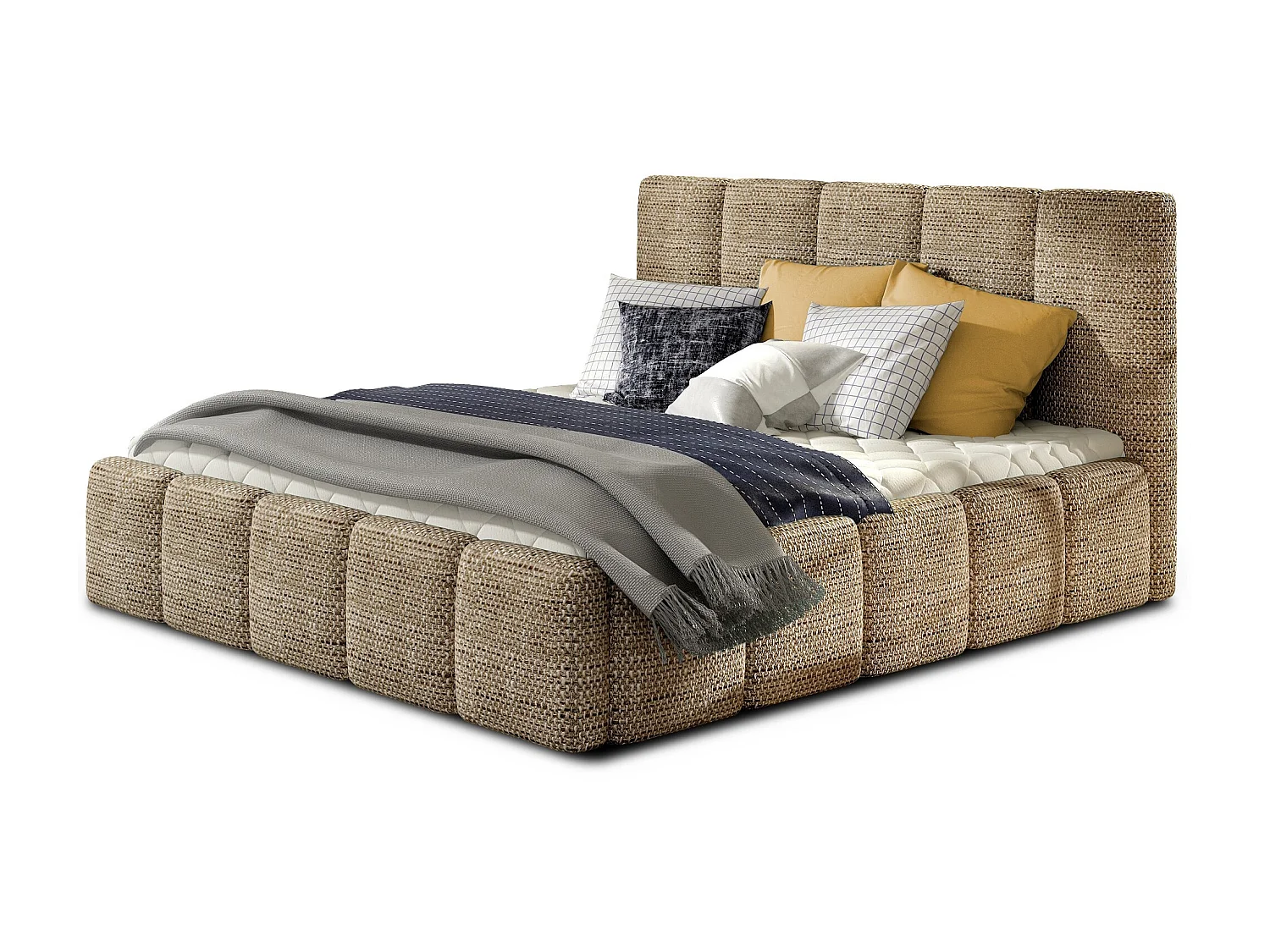 Lit moderne capitonné tissu Vika-Couleur Beige chiné-140x200