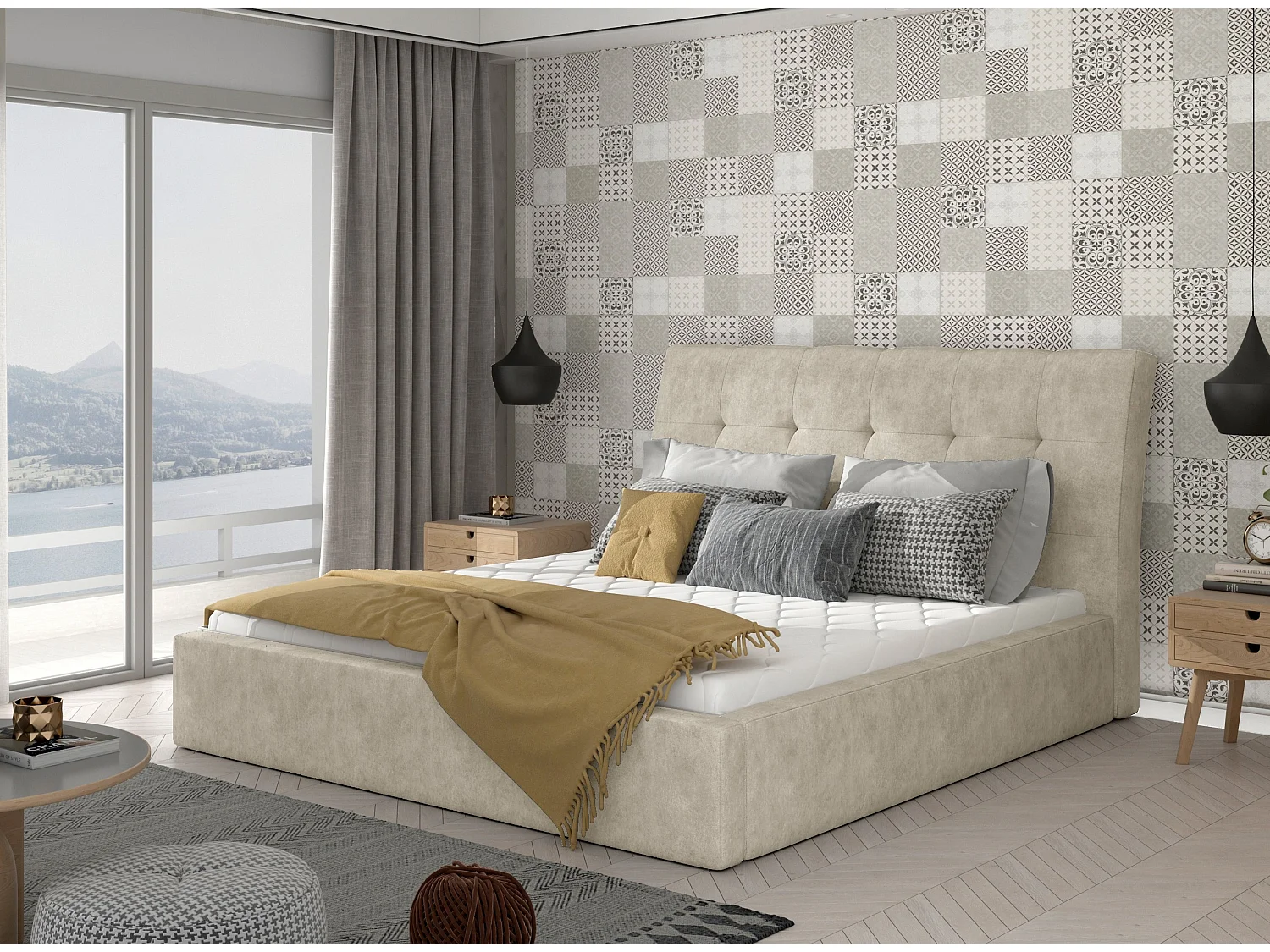 Lit capitonné avec rangement tissu beige clair Klein - 4 tailles-200x200