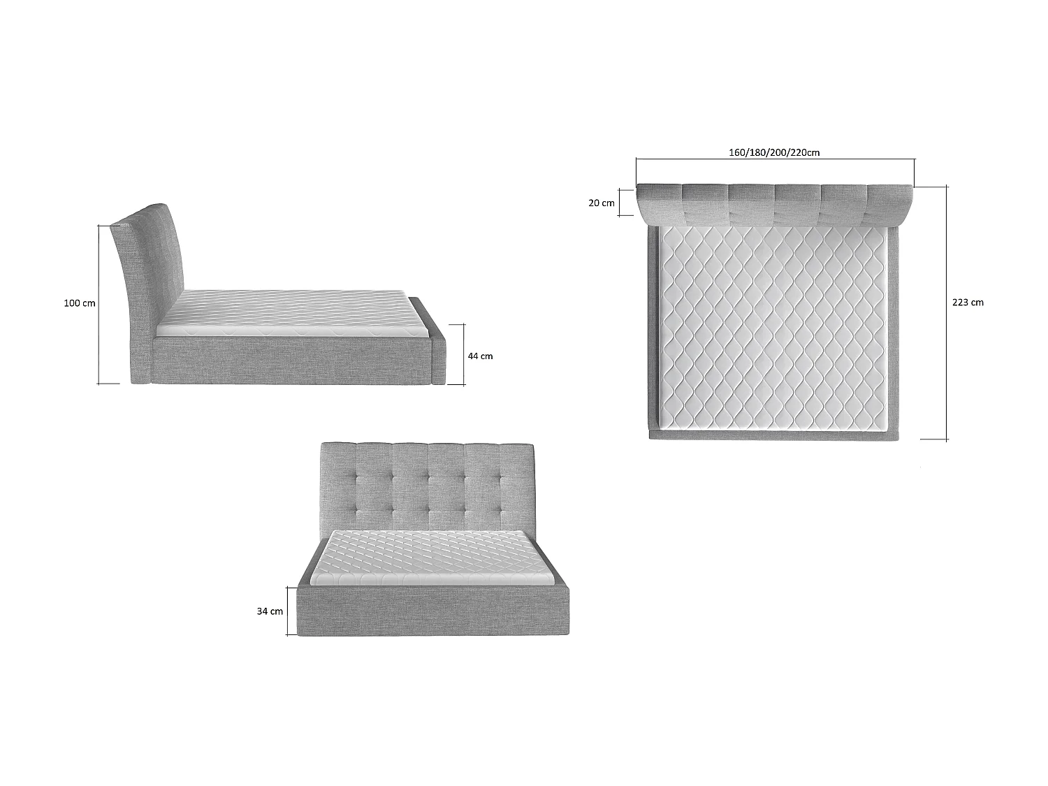 Lit capitonné avec rangement tissu beige clair Klein - 4 tailles-200x200