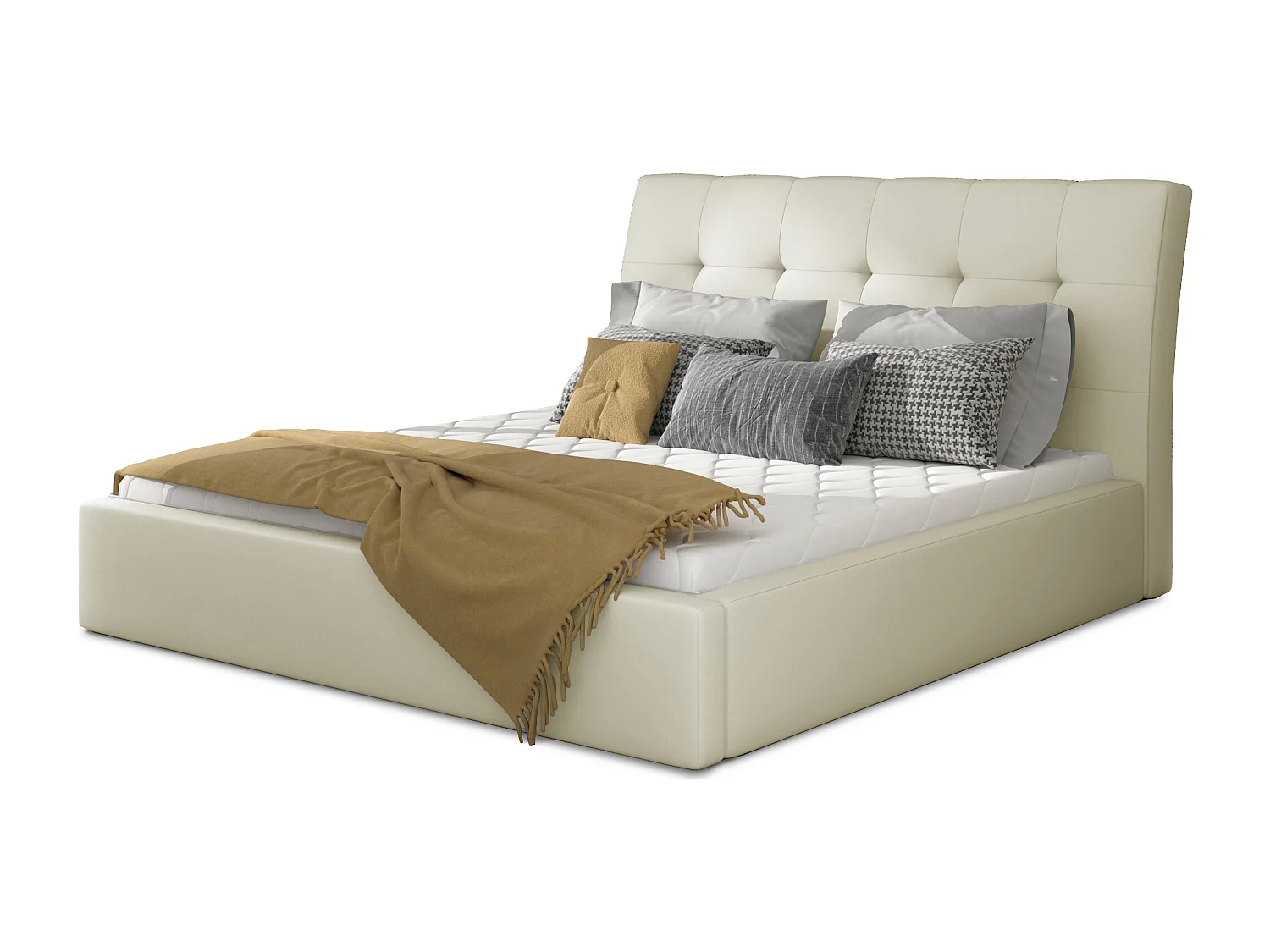 Lit capitonné avec rangement simili cuir beige clair Klein - 4 tailles-180x200