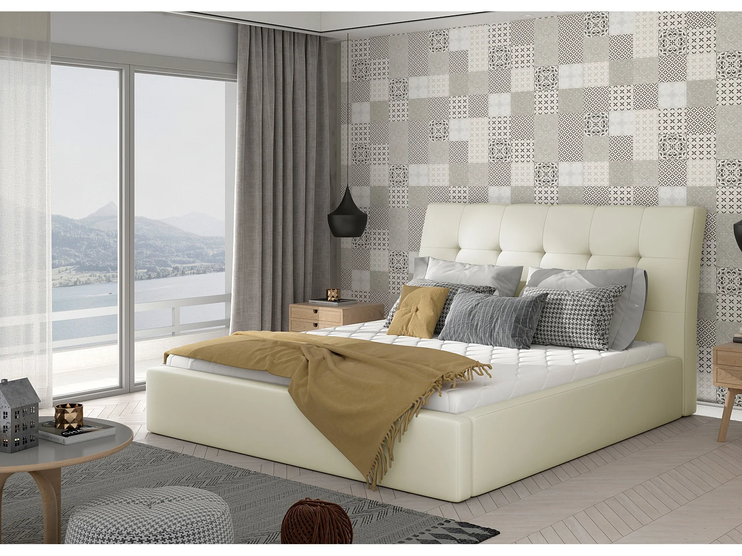 Lit capitonné avec rangement simili cuir beige clair Klein - 4 tailles-180x200