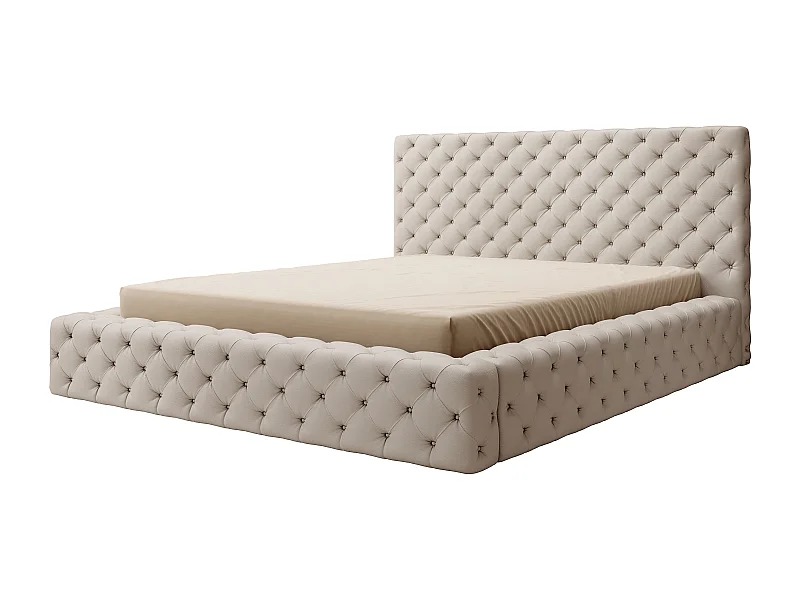 Lit design avec tête de lit et coffre capitonné simili cuir beige Prince-160x200