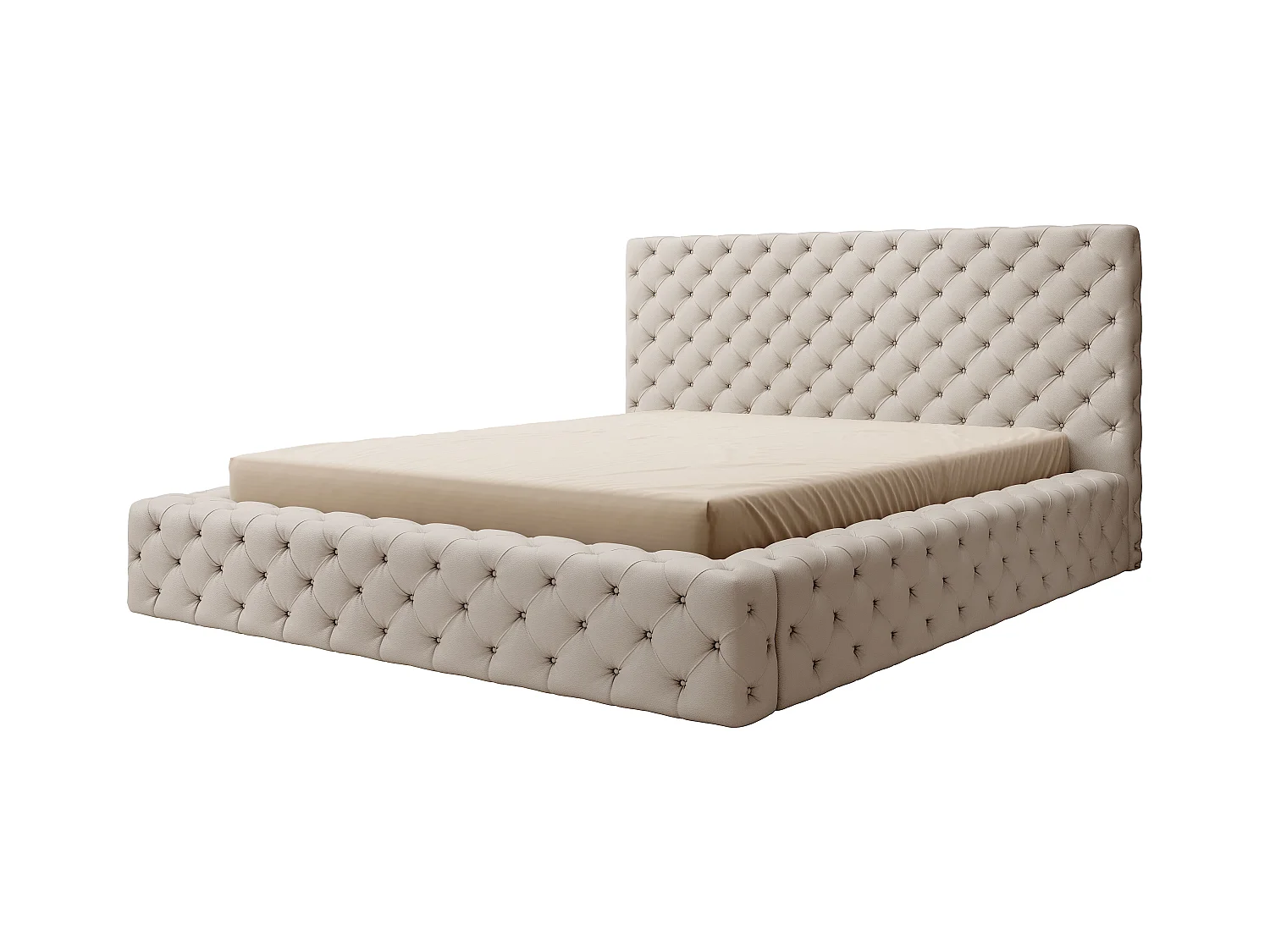 Lit design avec tête de lit et coffre capitonné simili cuir beige Prince-160x200