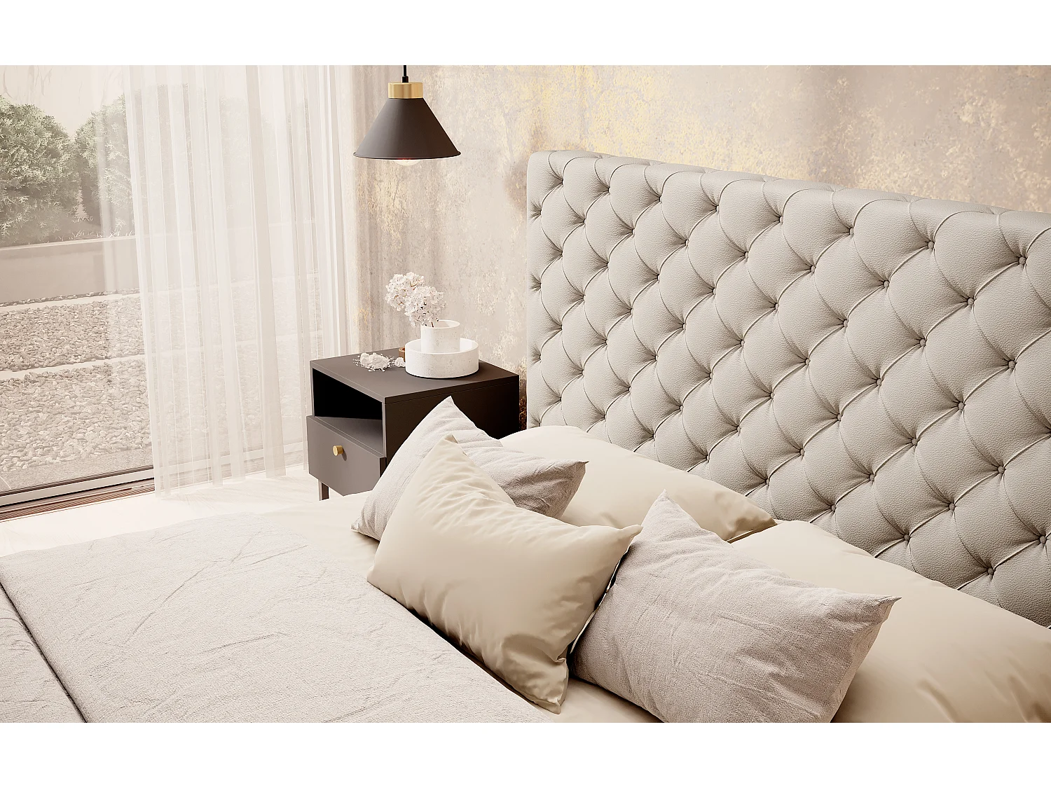 Lit design avec tête de lit et coffre capitonné simili cuir beige Prince-160x200