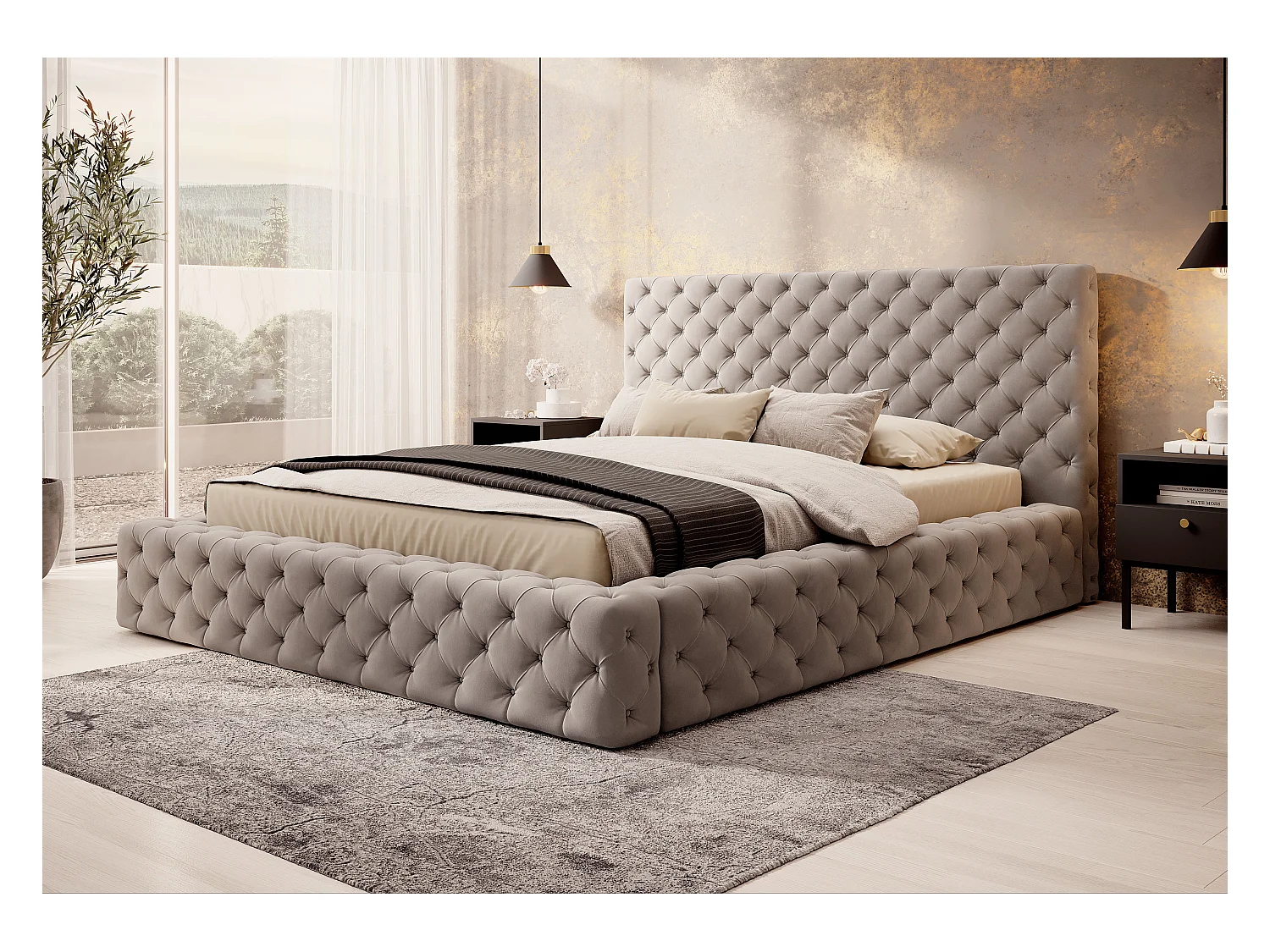 Lit design avec tête de lit et coffre capitonné velours marron Prince - 3 tailles-140x200