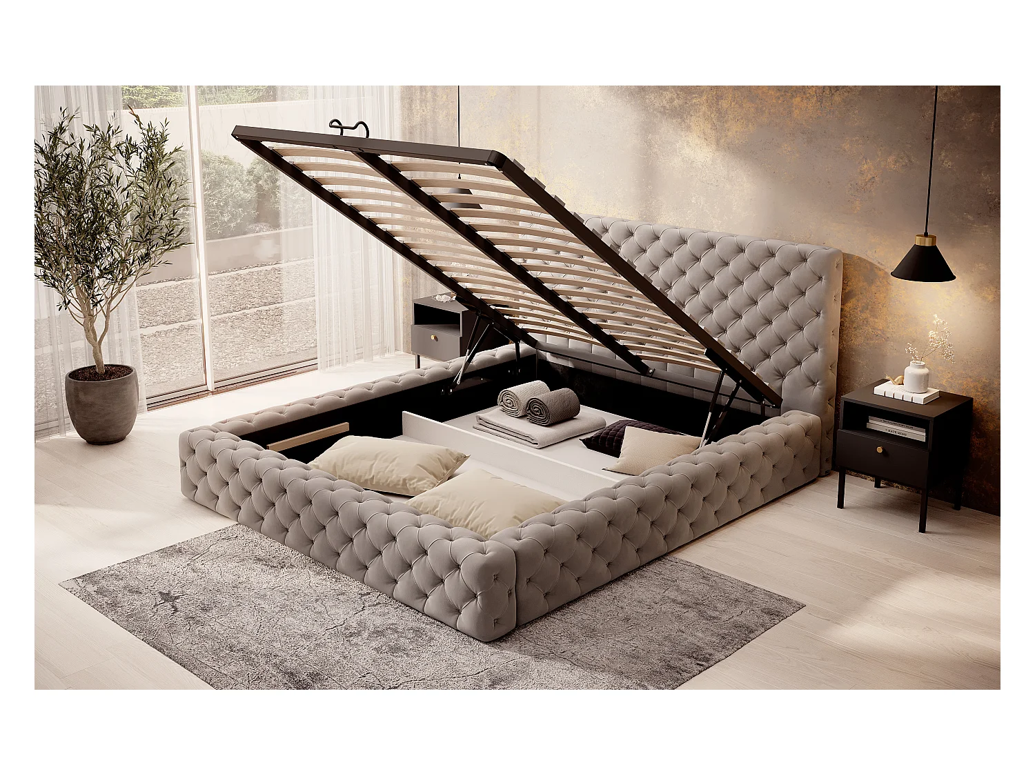 Lit design avec tête de lit et coffre capitonné velours marron Prince - 3 tailles-140x200