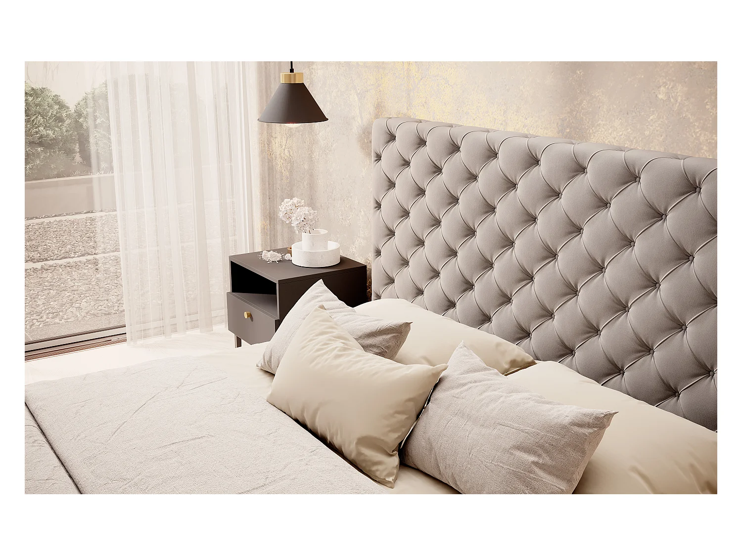 Lit design avec tête de lit et coffre capitonné velours marron Prince - 3 tailles-140x200