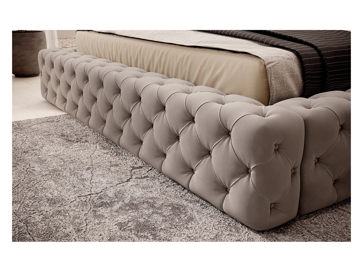 Lit design avec tête de lit et coffre capitonné velours marron Prince - 3 tailles-140x200