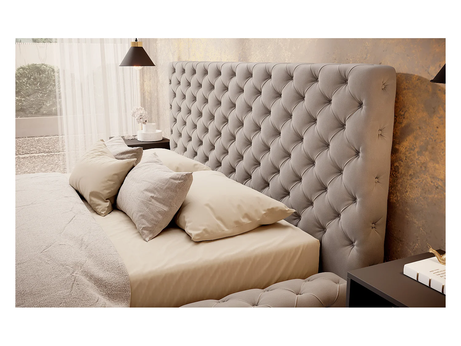 Lit design avec tête de lit et coffre capitonné velours marron Prince - 3 tailles-140x200