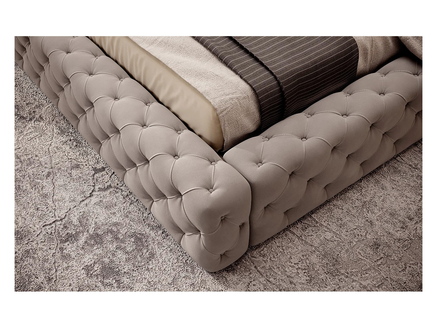 Lit design avec tête de lit et coffre capitonné velours marron Prince - 3 tailles-140x200