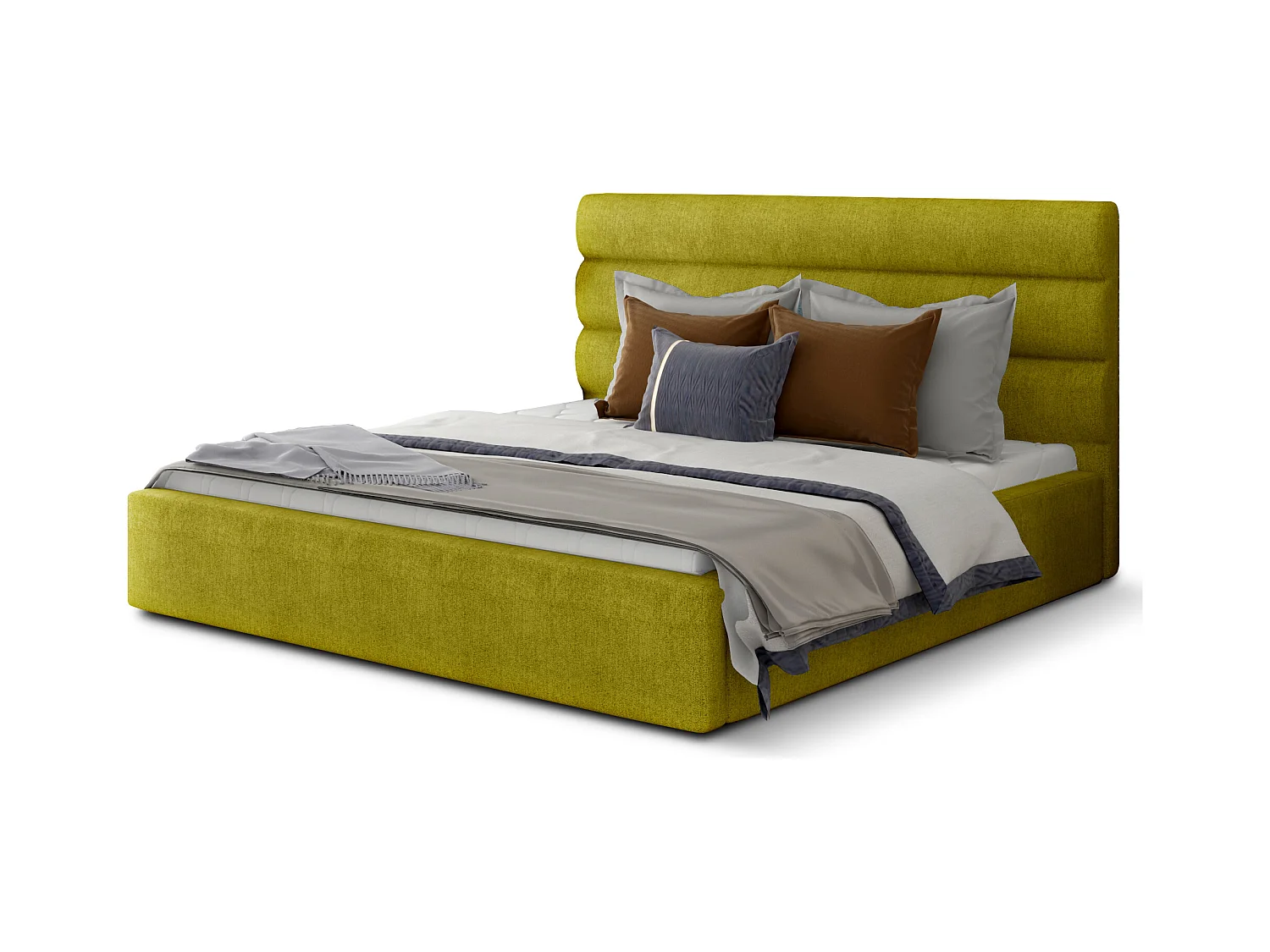 Lit design tissu jaune olive avec coffre de rangement Klarina - 4 tailles-180x200