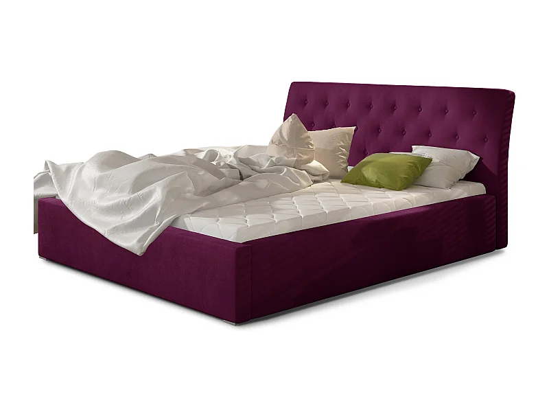 Lit velours capitonné Venizia-Couleur Magenta foncé-140x200-Version coffre de rangement