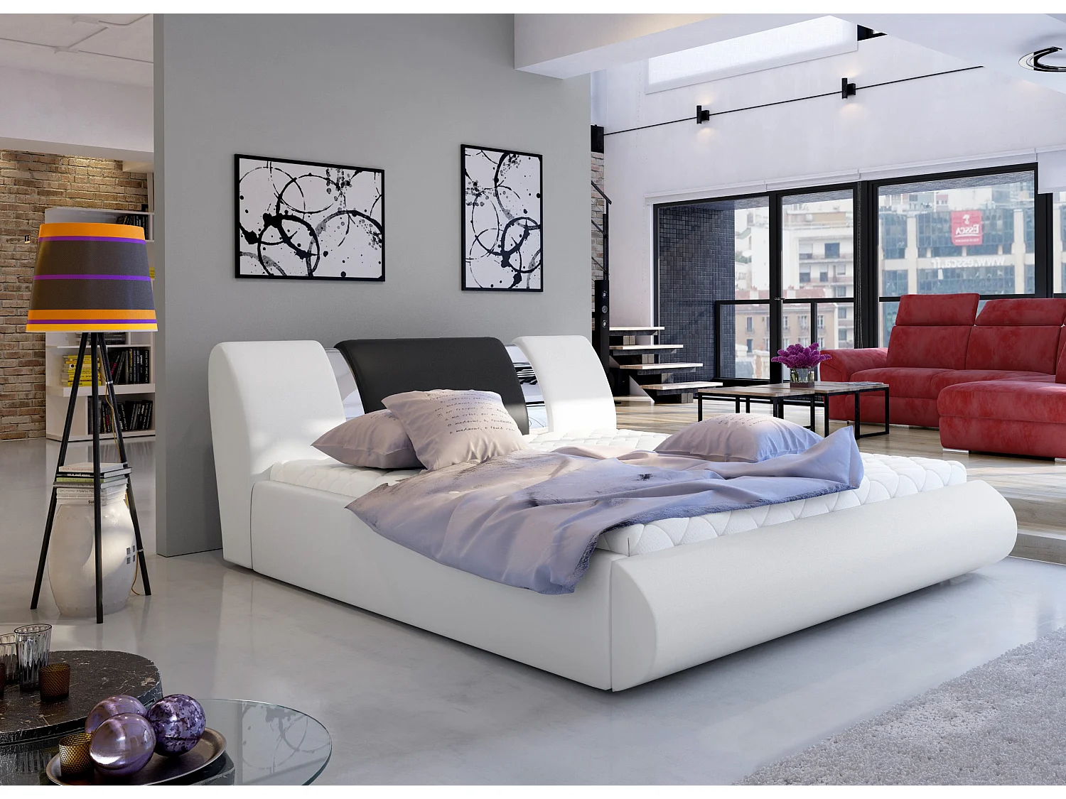 Lit coffre 140x200 simili blanc-noir et métal chromé Flavien