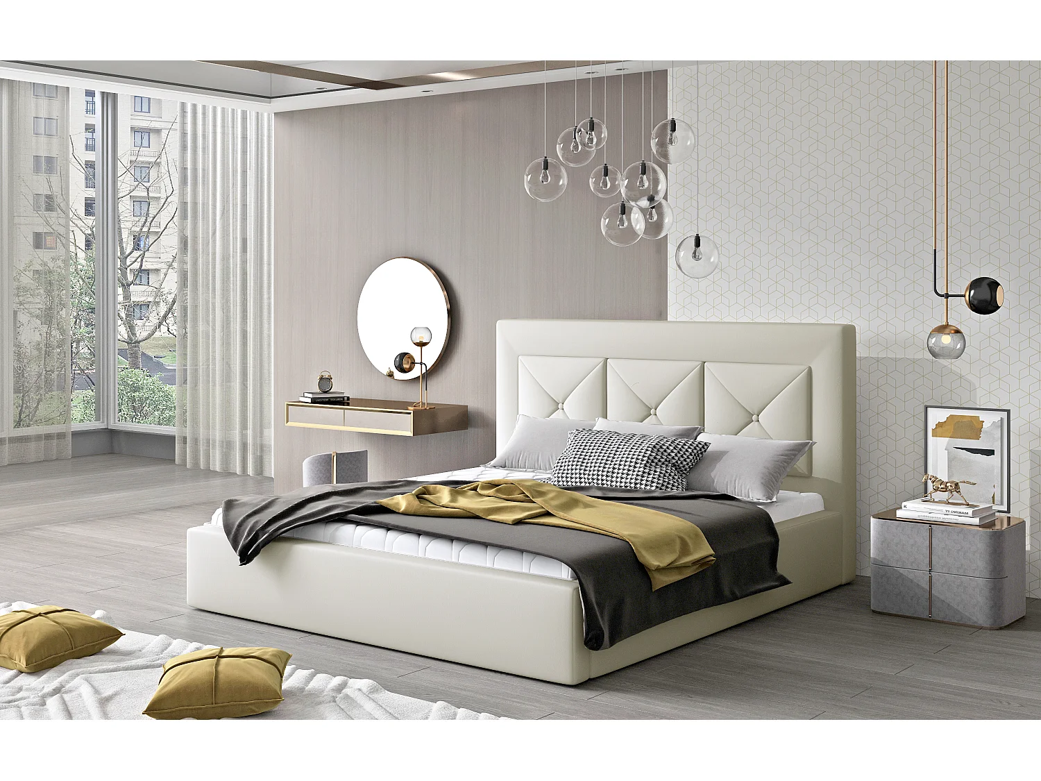 Lit double rembourré en simili cuir Clarin-Couleur Crème-180x200-Version avec sommier