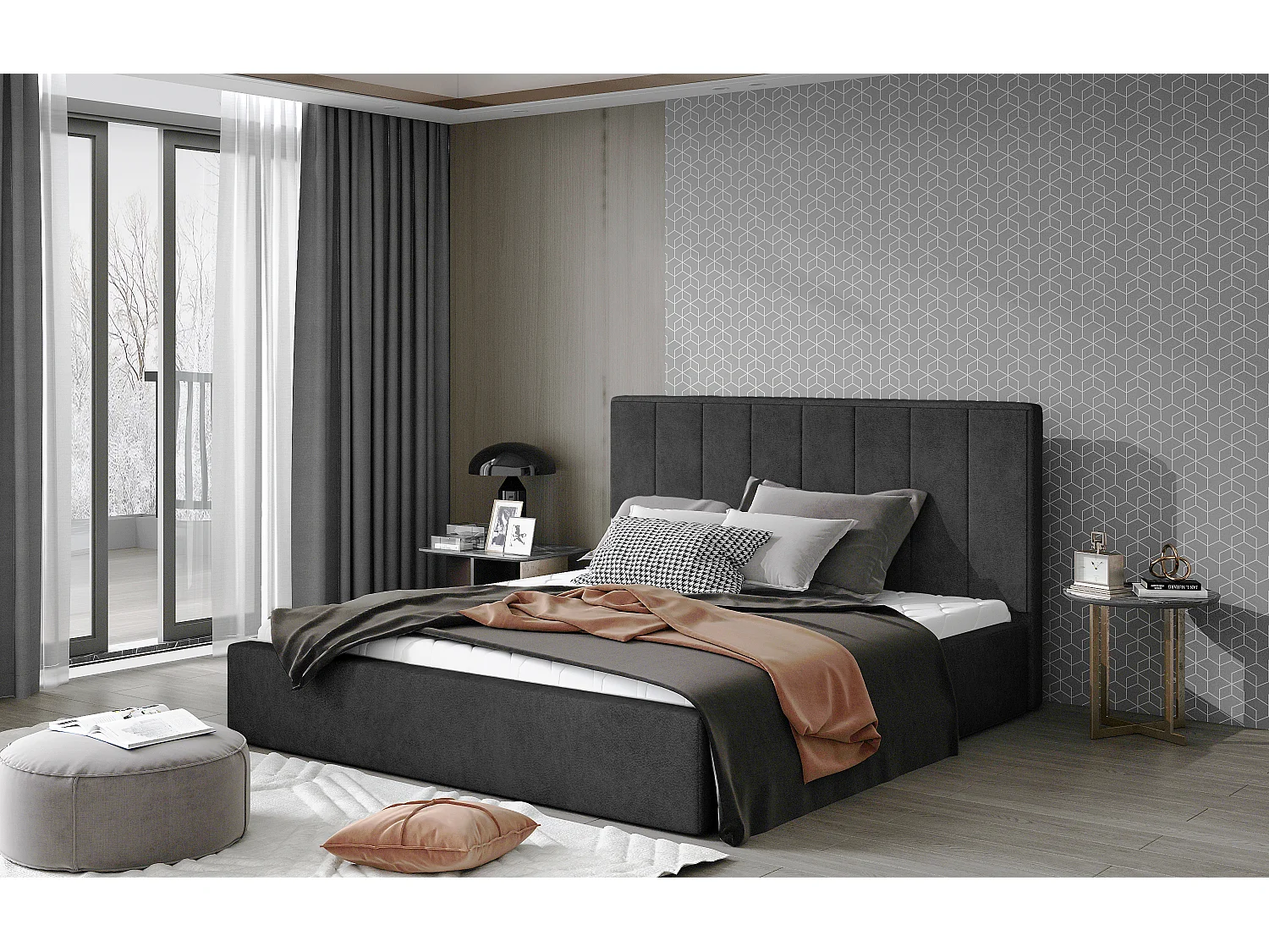 Lit adulte avec coffre de rangement Vareza – Tissu matelassé-Gris anthracite-160x200