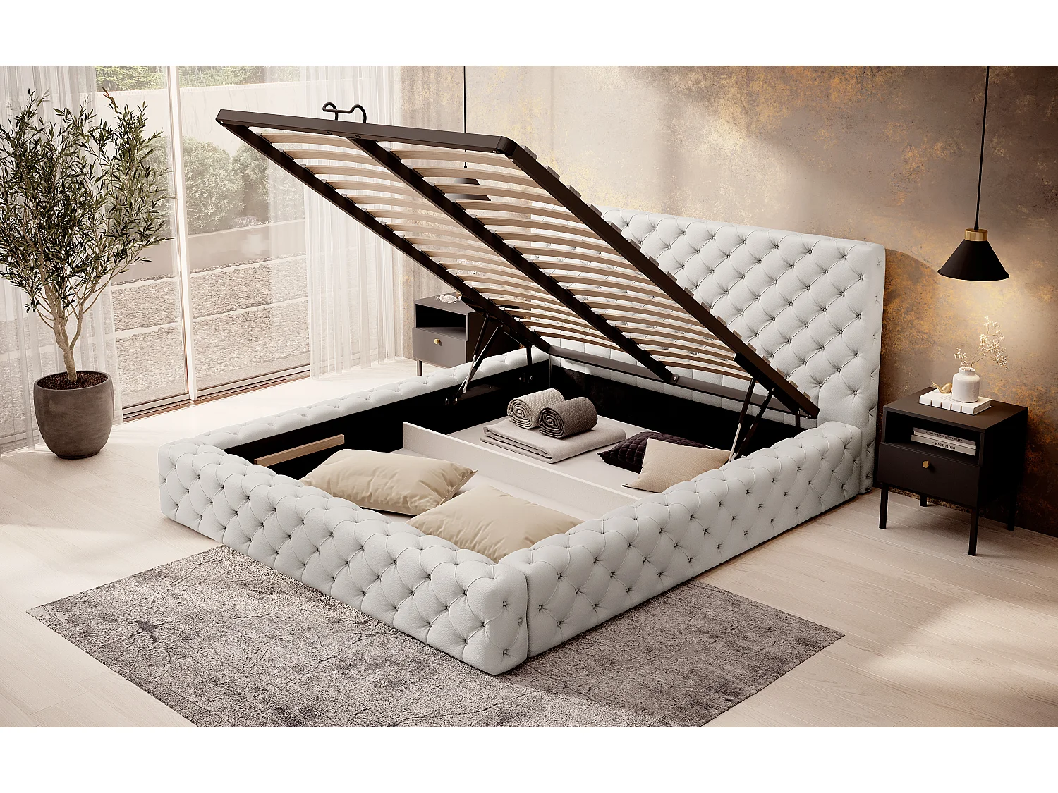 Lit design avec tête de lit et coffre capitonné simili cuir blanc Prince - 3 tailles-180x200