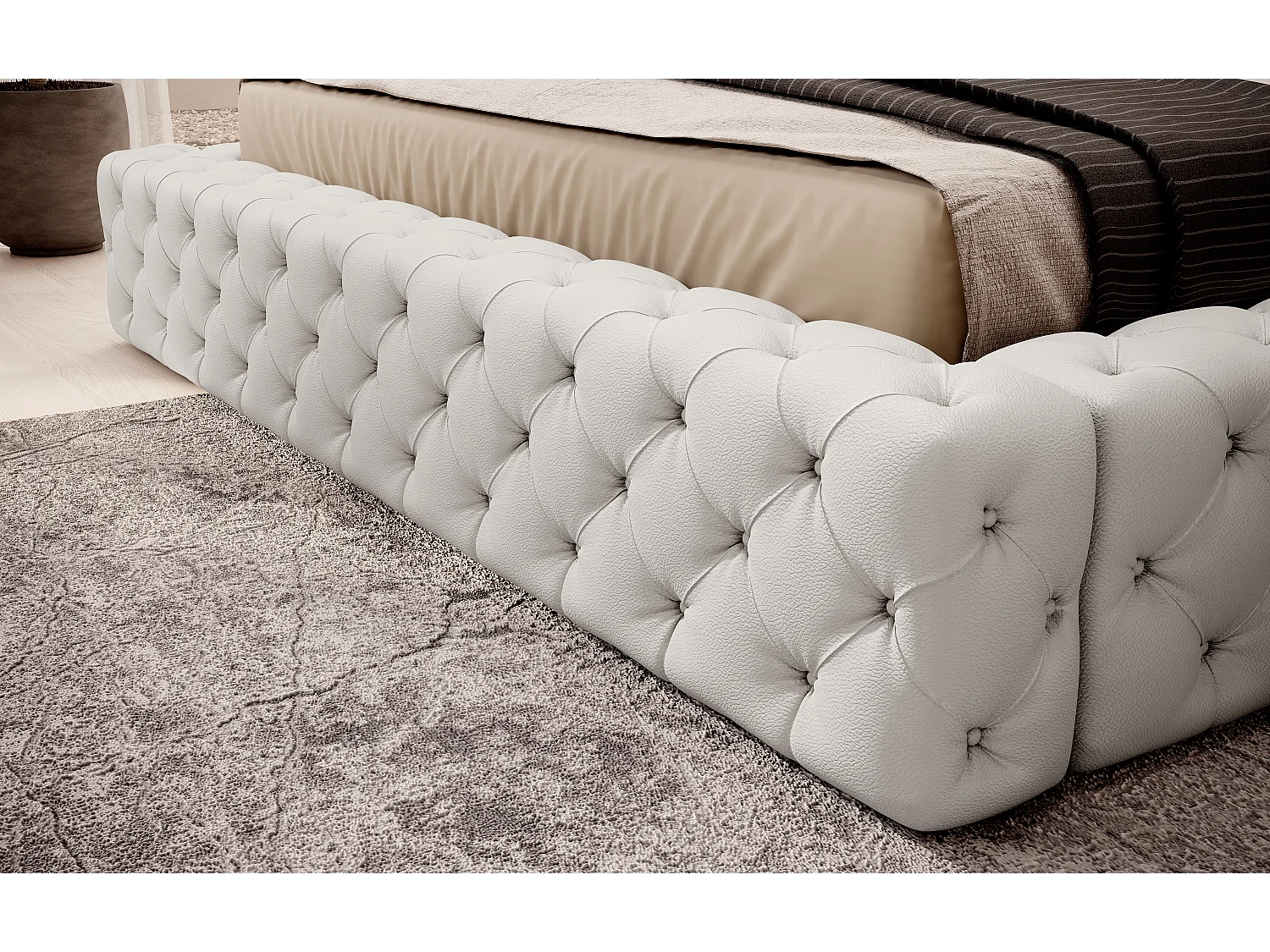 Lit design avec tête de lit et coffre capitonné simili cuir blanc Prince - 3 tailles-180x200