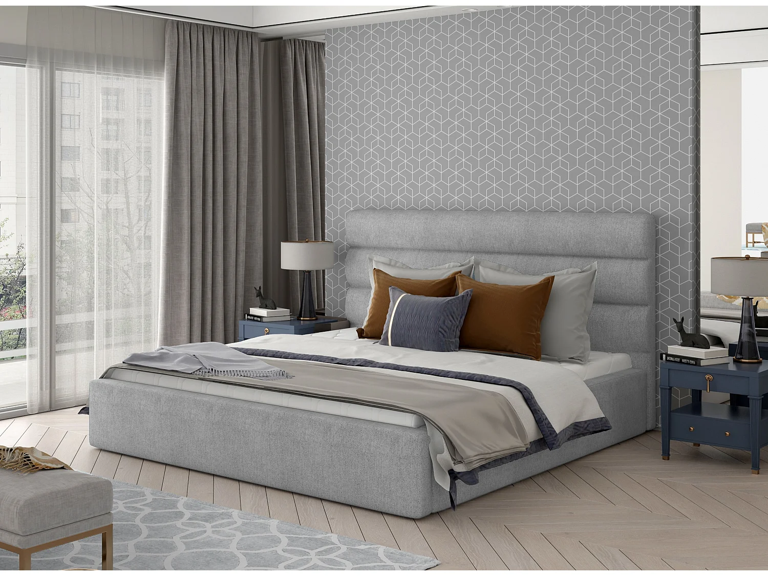 Lit design tissu gris clair avec coffre de rangement Klarina - 4 tailles-140x200