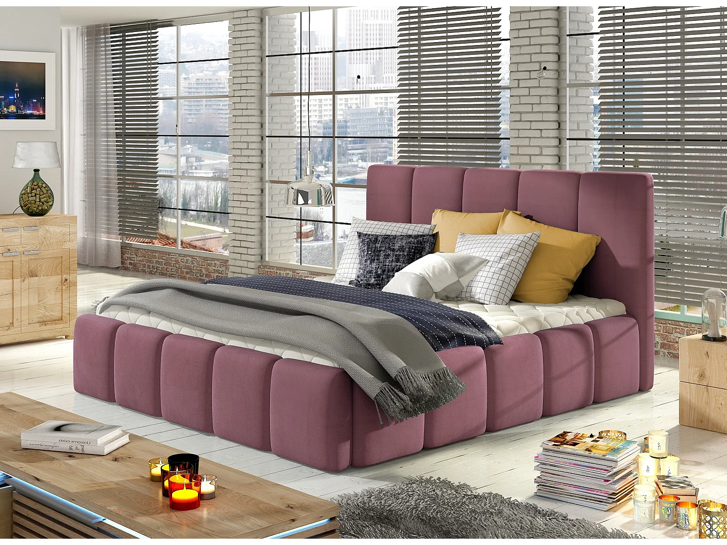Vika modern gestoffeerd fluwelen bed-Kleur Roze-Slapen 140x200cm-Versie zonder boxspring