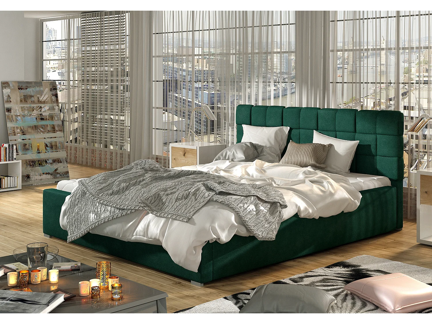 Lit avec coffre de rangement 200x200 capitonné velours vert Kandy