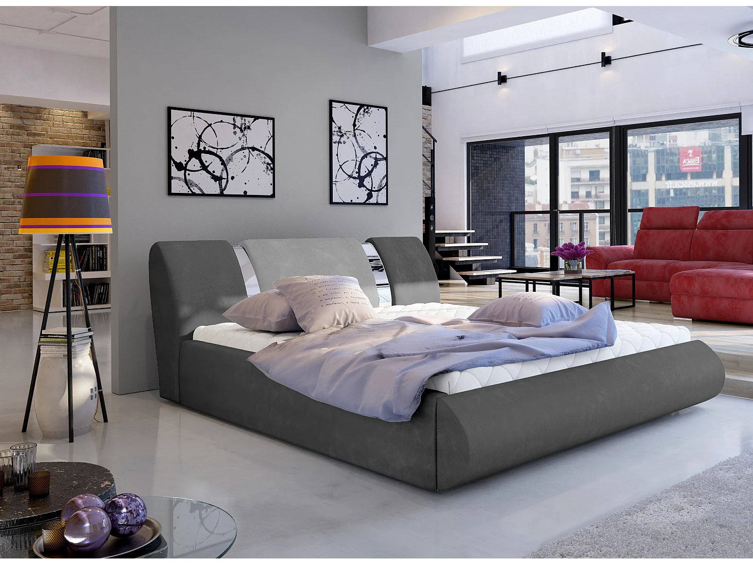 Opbergbed 160x200 cm donker/lichtgrijze stof en chroommetaal Flavien