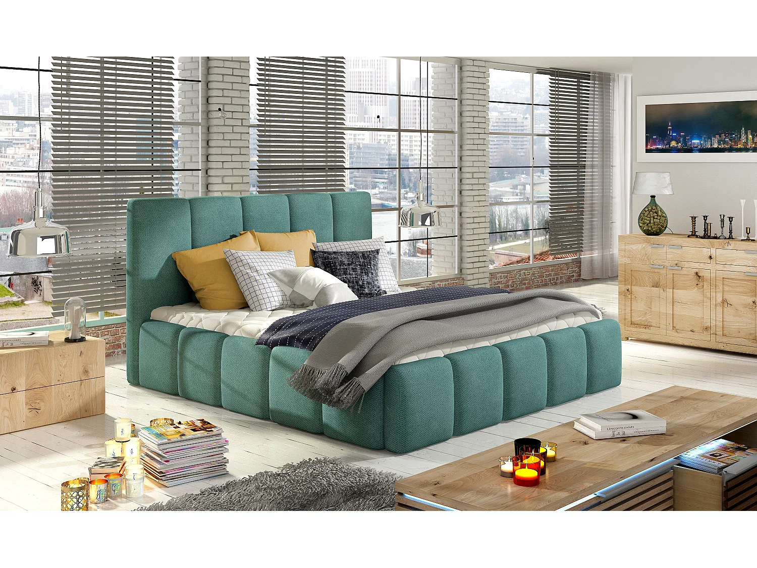 Lit adulte avec coffre de rangement Vika – Tissu capitonné-Vert céladon-180x200