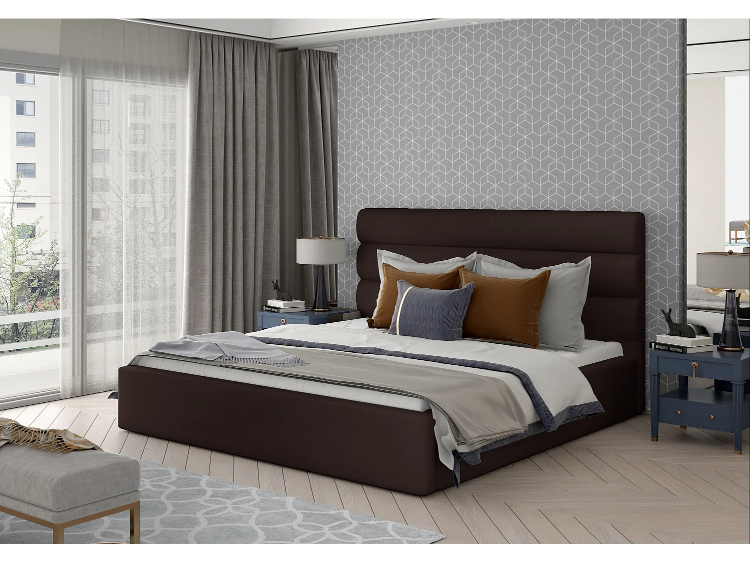 Lit design simili cuir marron avec coffre de rangement Klarina - 4 tailles-180x200