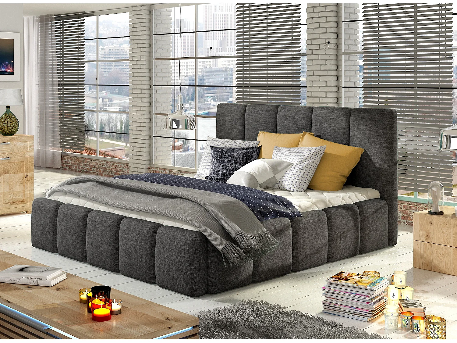 Lit moderne capitonné tissu Vika-Couleur Anthracite.-140x200