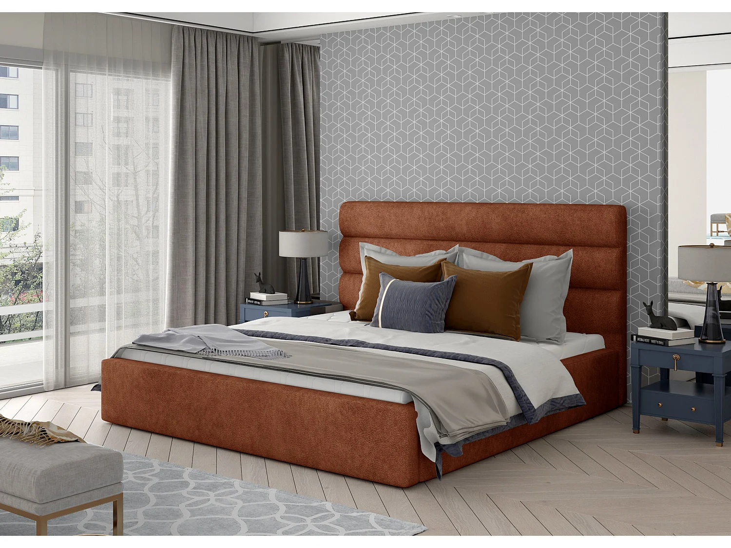 Klarina volwassenenbed met opbergbox - Gestoffeerde stof-Kleur Tomette rood-Slapen 140x200cm