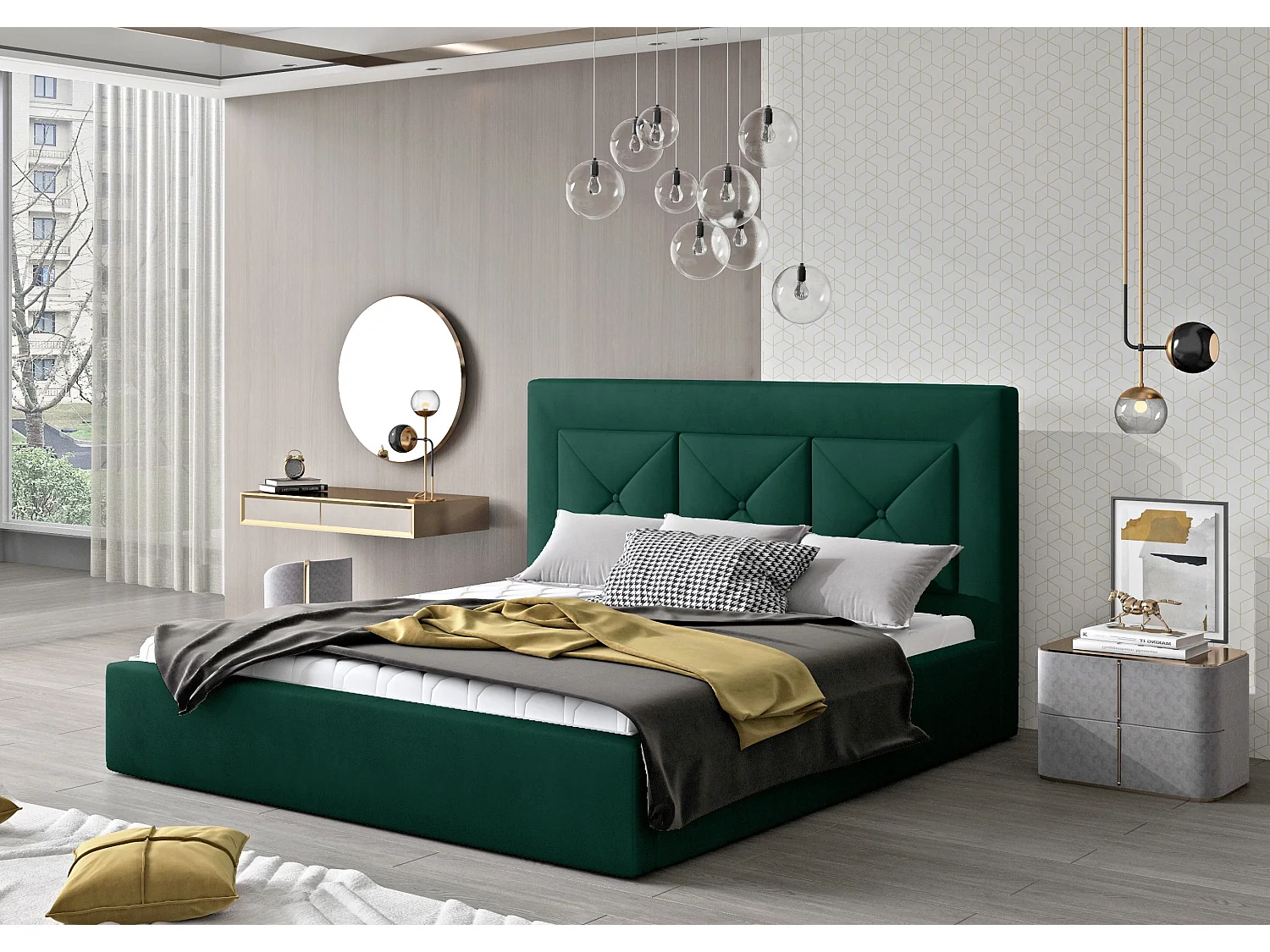 Tweepersoonsbed bekleed met Clarin-fluweel-Kleur Spinazie groen-Slapen 180x200cm-Versie zonder boxspring
