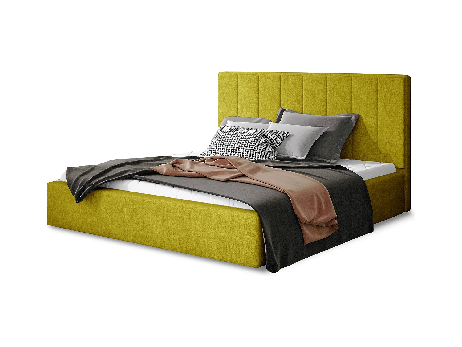Lit rembourré de luxe tissu Vareze-Couleur Jaune olive-180x200-Version avec sommier