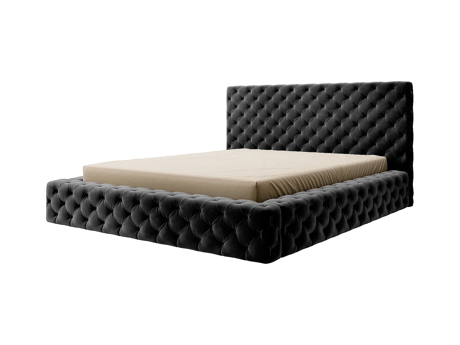 Lit design avec tête de lit et coffre capitonné velours noir Prince - 3 tailles-160x200