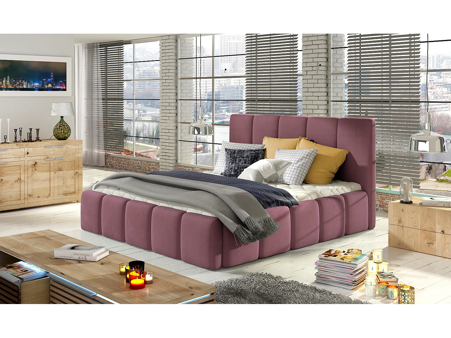 Lit adulte Vika – Velours capitonné-Rose-160x200