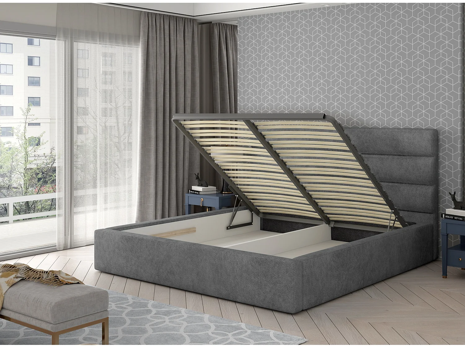 Lit design tissu gris clair avec coffre de rangement Klarina - 4 tailles-200x200